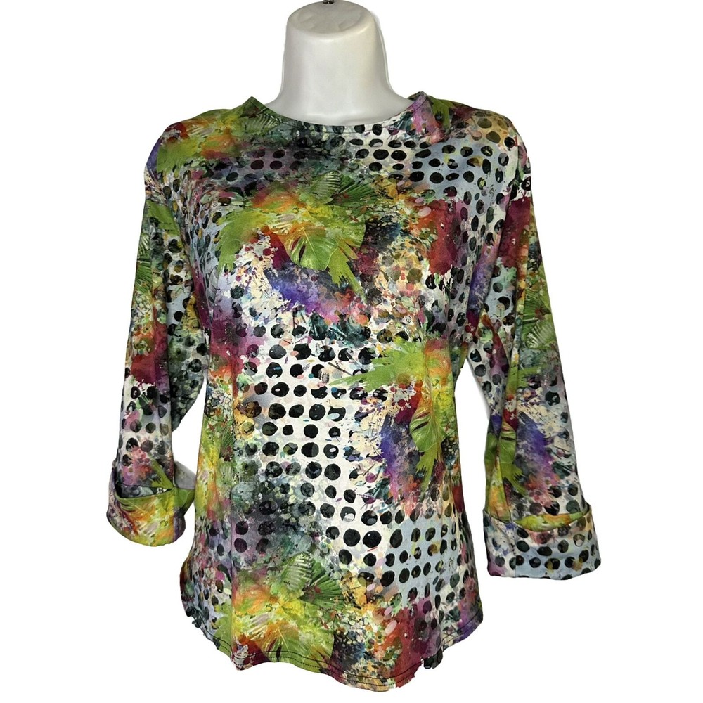VTG Peck & Peck Womens Polk-a-dot & water color leaves 3/4 Sleeve Stretch blouse